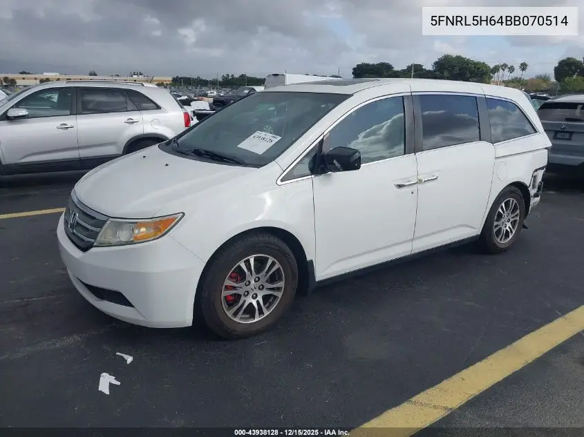 5FNRL5H64BB070514 2011 Honda Odyssey Ex-L