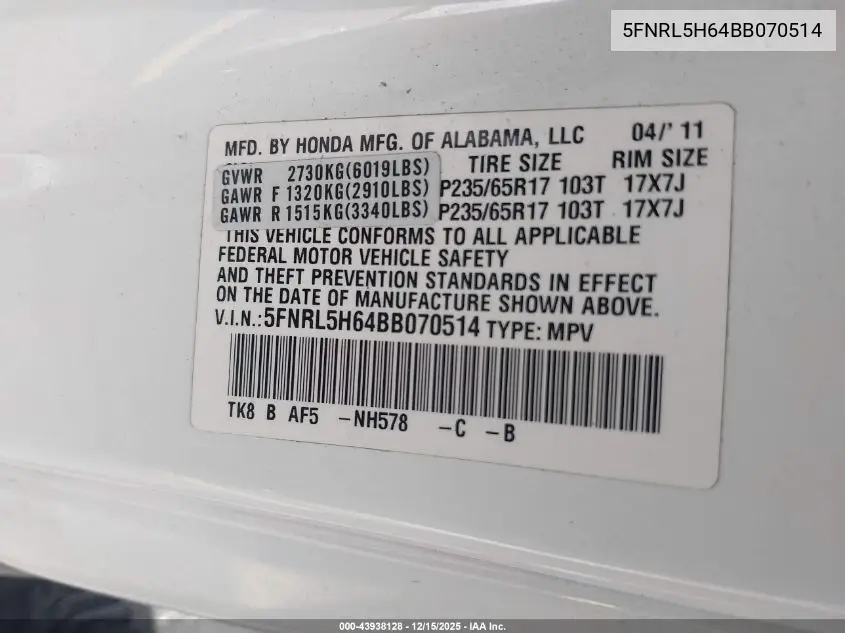 5FNRL5H64BB070514 2011 Honda Odyssey Ex-L