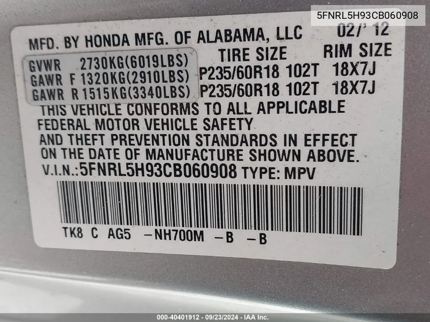 5FNRL5H93CB060908 2012 Honda Odyssey Touring/Touring Elite