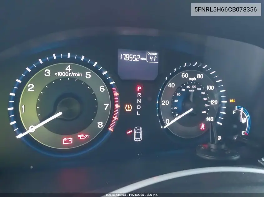 5FNRL5H66CB078356 2012 Honda Odyssey Ex-L