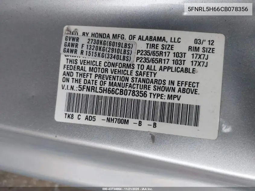 5FNRL5H66CB078356 2012 Honda Odyssey Ex-L