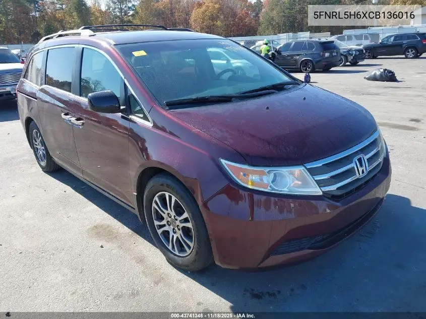 5FNRL5H6XCB136016 2012 Honda Odyssey Ex-L