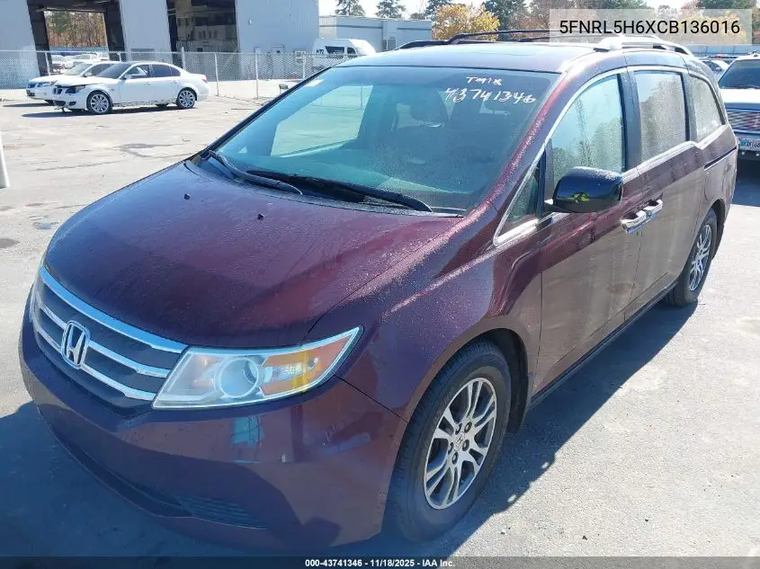 5FNRL5H6XCB136016 2012 Honda Odyssey Ex-L