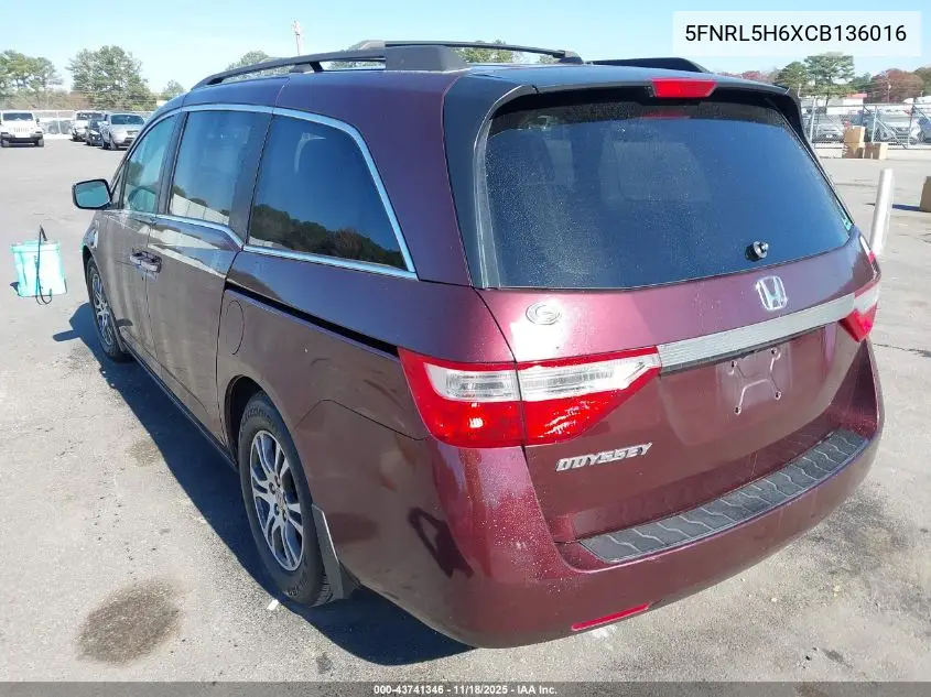 5FNRL5H6XCB136016 2012 Honda Odyssey Ex-L