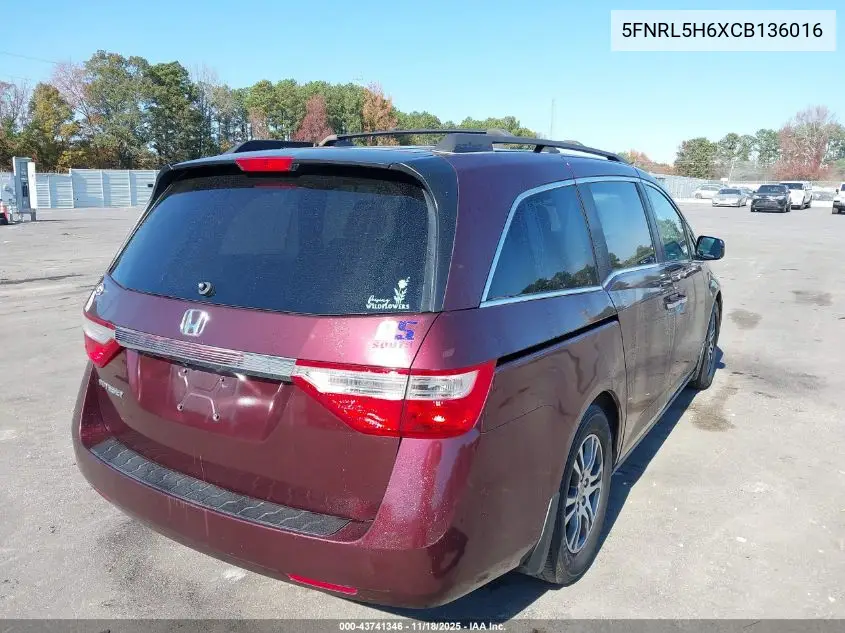 5FNRL5H6XCB136016 2012 Honda Odyssey Ex-L