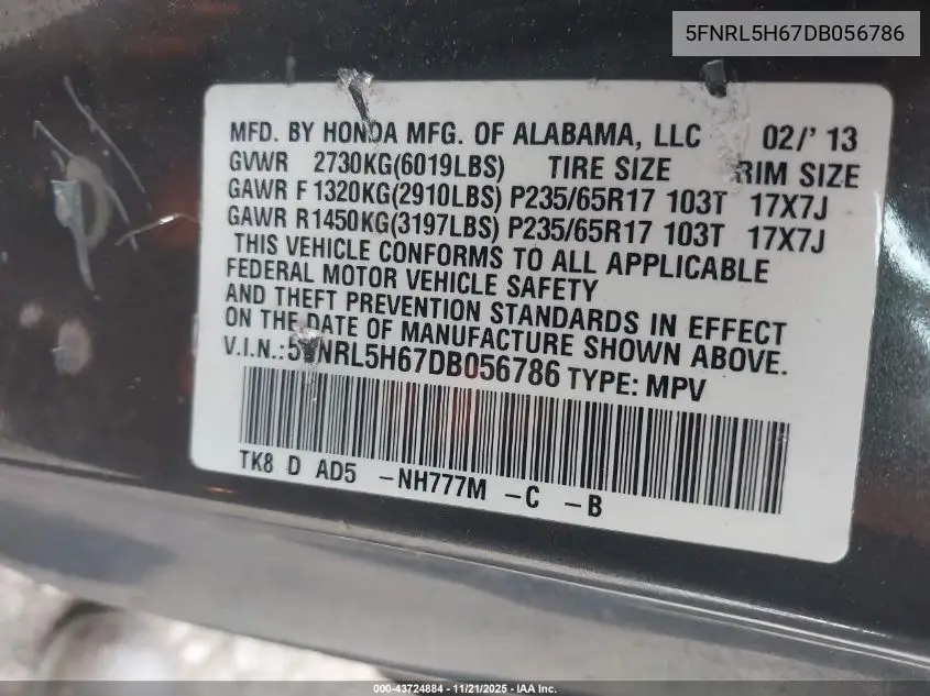 5FNRL5H67DB056786 2013 Honda Odyssey Ex-L