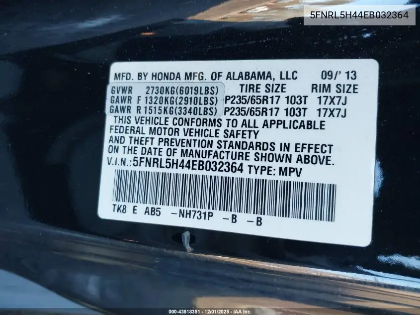 5FNRL5H44EB032364 2014 Honda Odyssey Ex