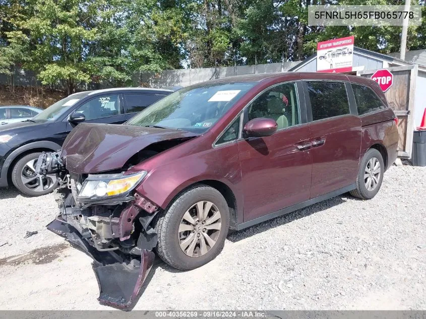 2015 Honda Odyssey Ex-L VIN: 5FNRL5H65FB065778 Lot: 40356269