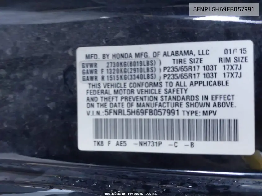 5FNRL5H69FB057991 2015 Honda Odyssey Ex-L