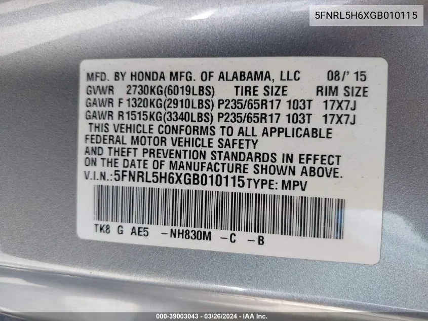 5FNRL5H6XGB010115 2016 Honda Odyssey Ex-L