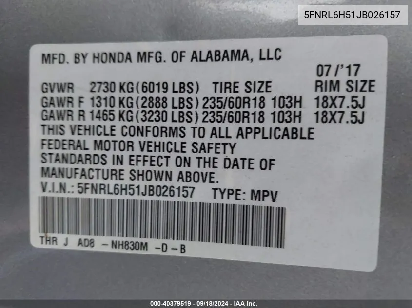 5FNRL6H51JB026157 2018 Honda Odyssey Ex