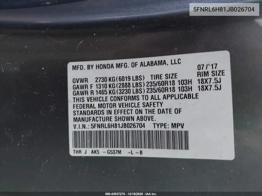 5FNRL6H81JB026704 2018 Honda Odyssey Touring
