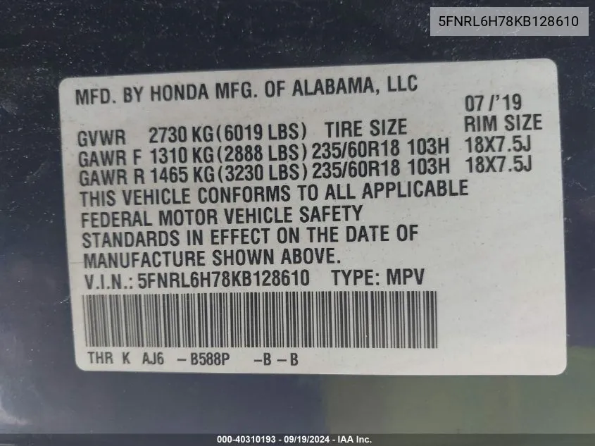 5FNRL6H78KB128610 2019 Honda Odyssey Ex-L