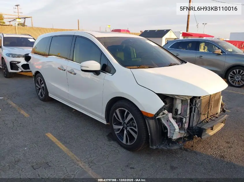 5FNRL6H93KB110016 2019 Honda Odyssey Elite