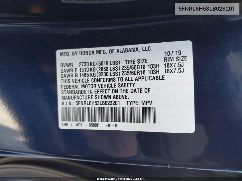 5FNRL6H53LB023201 2020 Honda Odyssey Ex