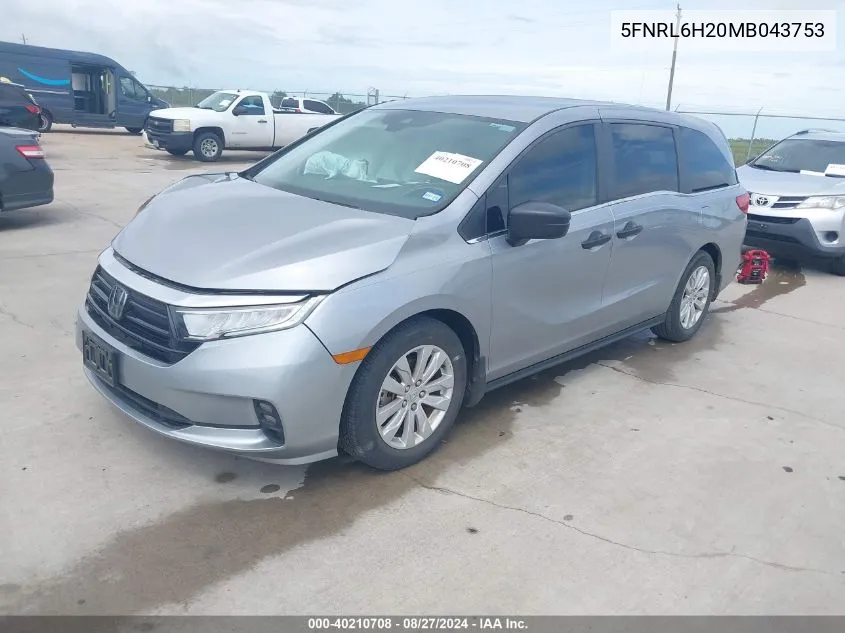 2021 Honda Odyssey Lx VIN: 5FNRL6H20MB043753 Lot: 40210708