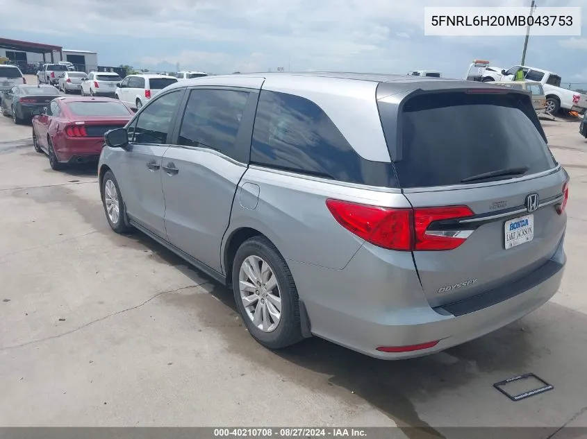 2021 Honda Odyssey Lx VIN: 5FNRL6H20MB043753 Lot: 40210708