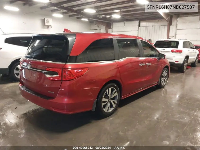 2022 Honda Odyssey Touring VIN: 5FNRL6H87NB027507 Lot: 40068243