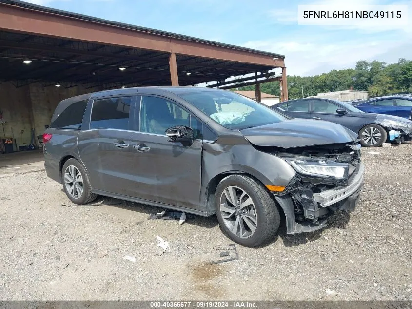 2022 Honda Odyssey Touring VIN: 5FNRL6H81NB049115 Lot: 40365677