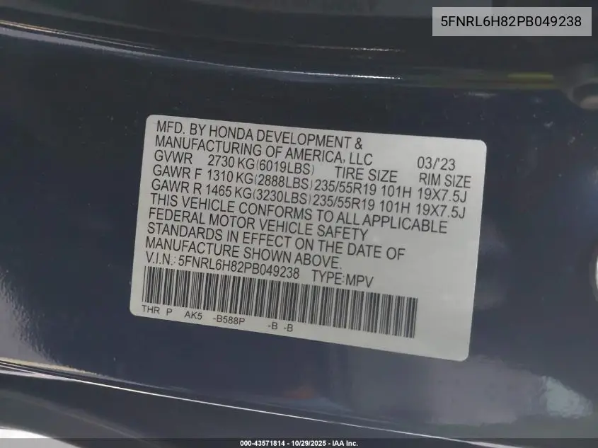 5FNRL6H82PB049238 2023 Honda Odyssey Touring