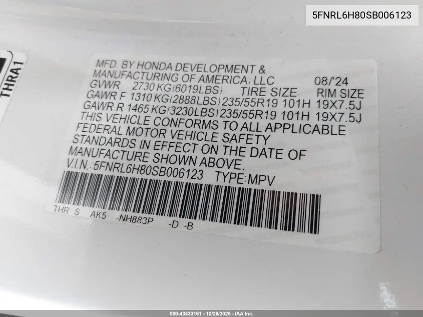 5FNRL6H80SB006123 2025 Honda Odyssey Touring