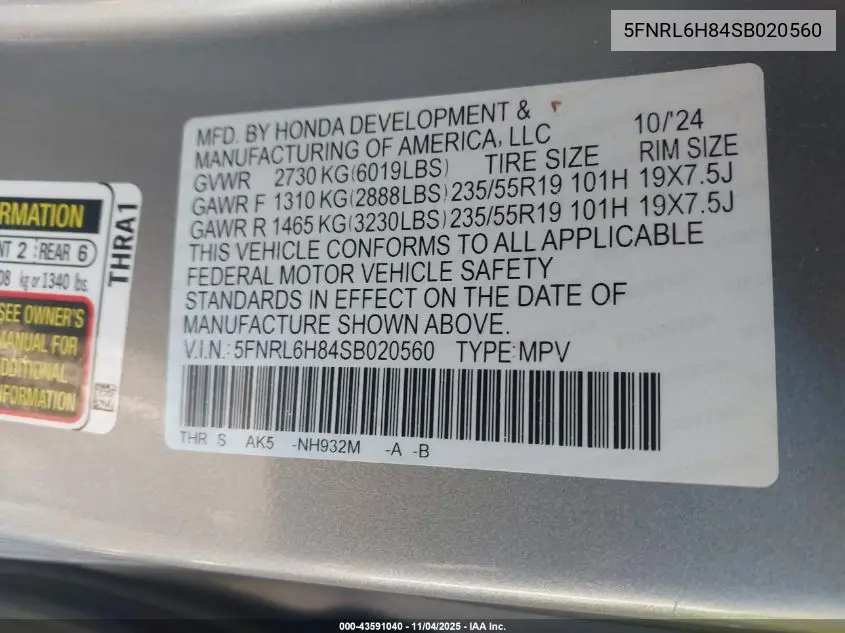 5FNRL6H84SB020560 2025 Honda Odyssey Touring