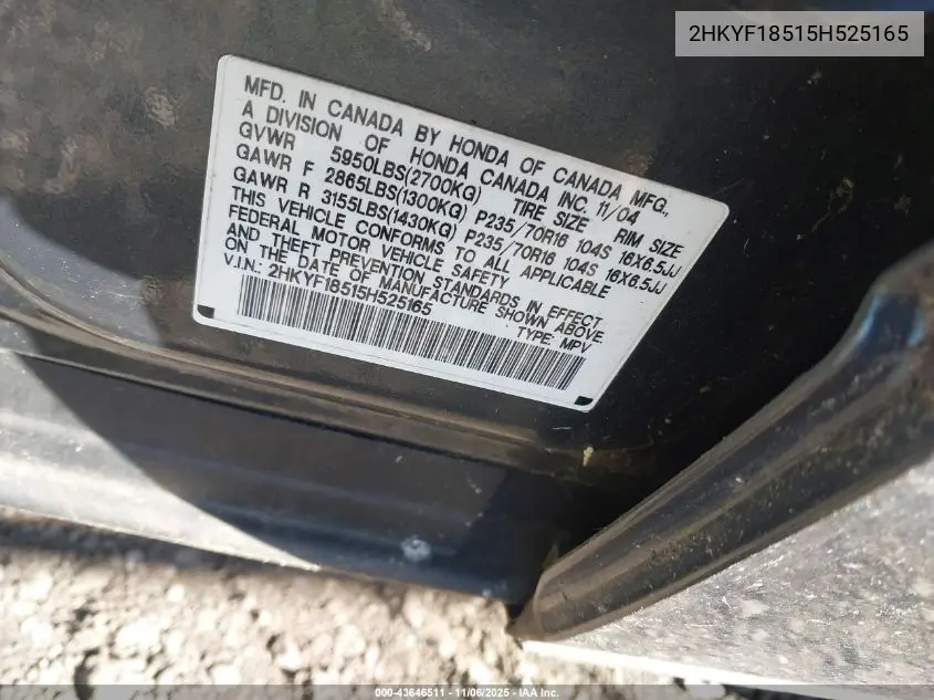 2HKYF18515H525165 2005 Honda Pilot Ex-L