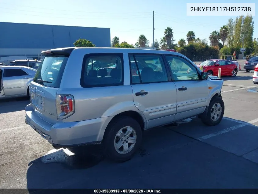 2HKYF18117H512738 2007 Honda Pilot Lx