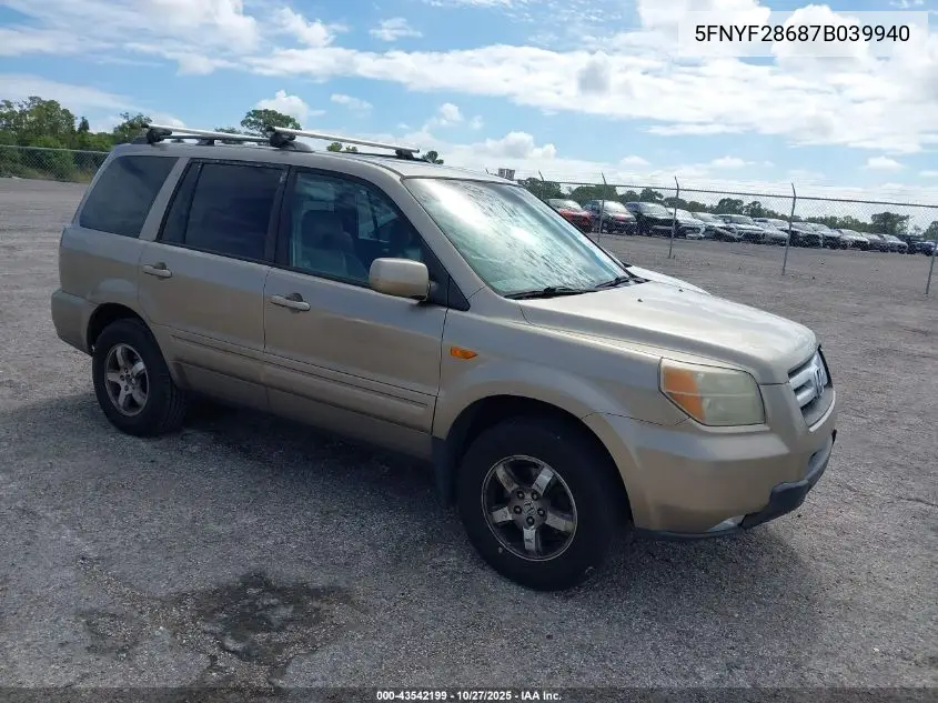 5FNYF28687B039940 2007 Honda Pilot Ex-L