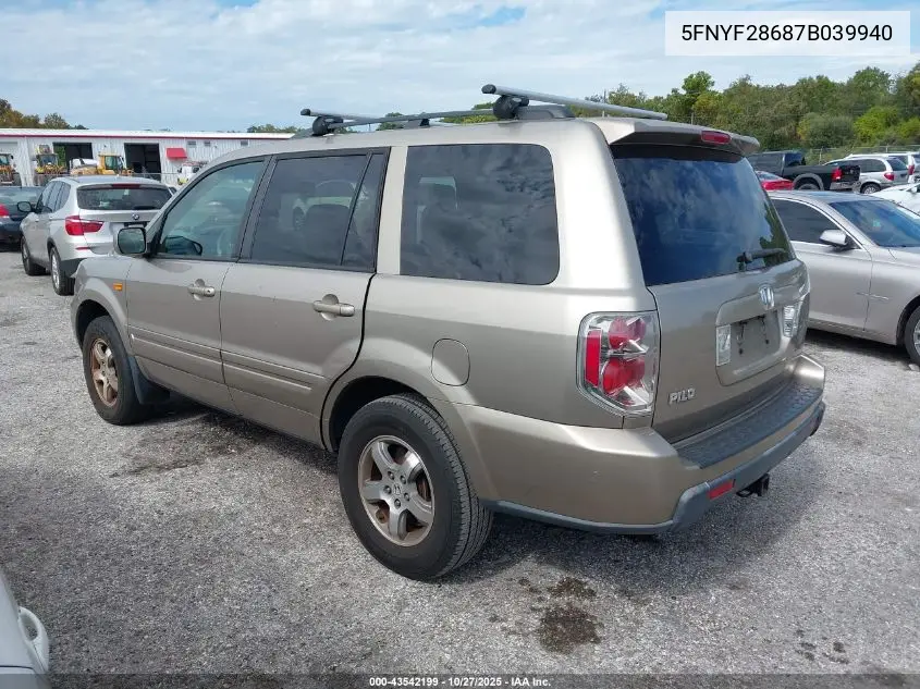 5FNYF28687B039940 2007 Honda Pilot Ex-L