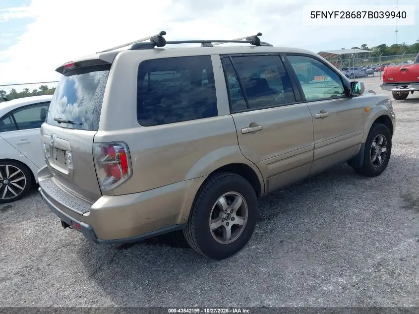 5FNYF28687B039940 2007 Honda Pilot Ex-L