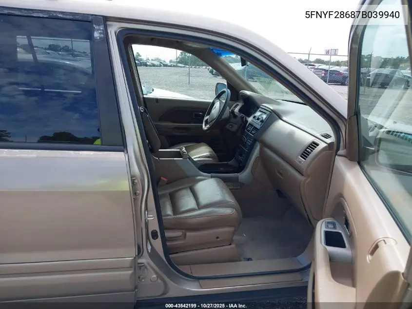 5FNYF28687B039940 2007 Honda Pilot Ex-L