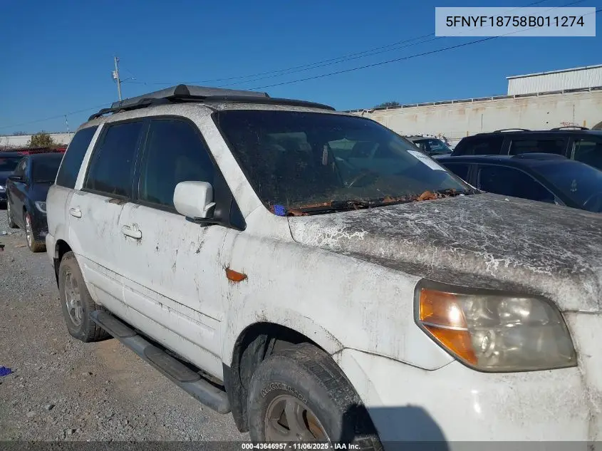 5FNYF18758B011274 2008 Honda Pilot Ex-L