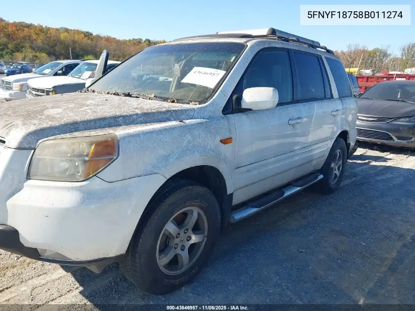 5FNYF18758B011274 2008 Honda Pilot Ex-L