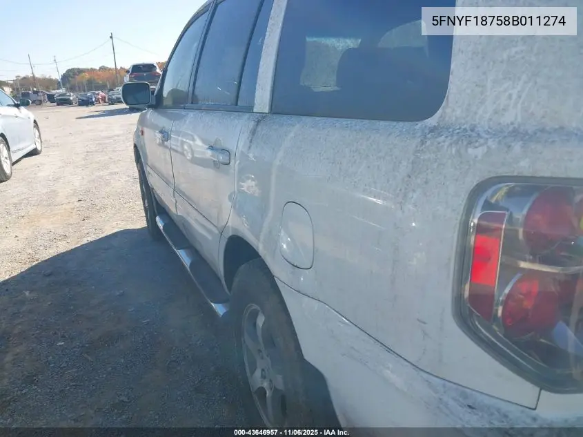 5FNYF18758B011274 2008 Honda Pilot Ex-L