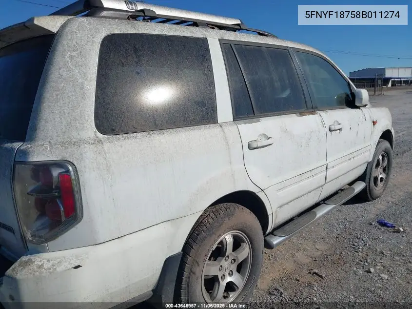 5FNYF18758B011274 2008 Honda Pilot Ex-L