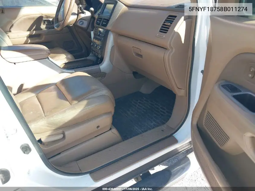 5FNYF18758B011274 2008 Honda Pilot Ex-L
