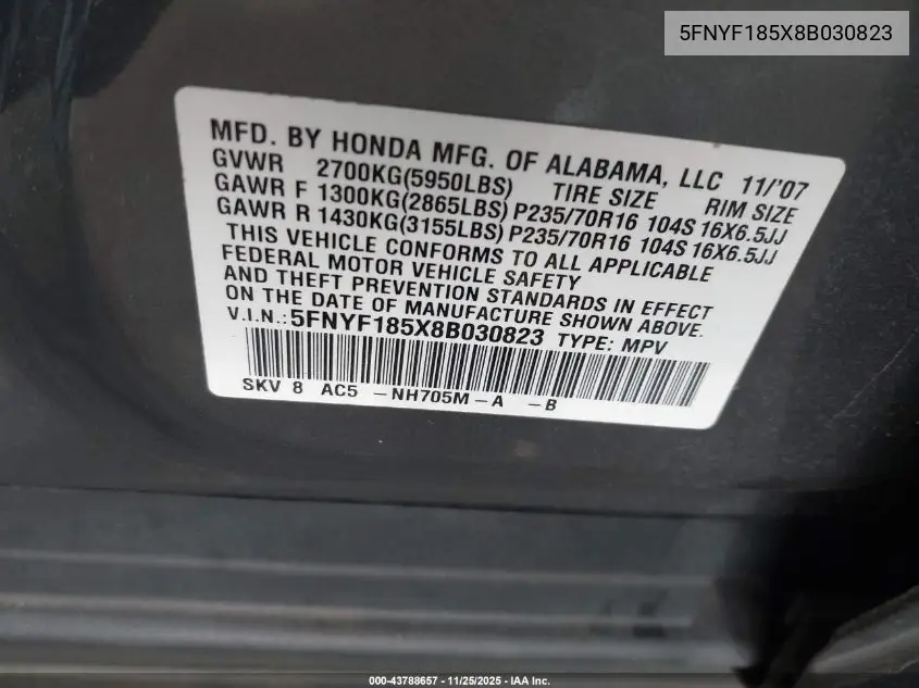 5FNYF185X8B030823 2008 Honda Pilot Exl