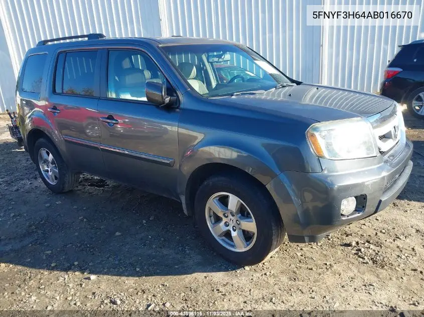 5FNYF3H64AB016670 2010 Honda Pilot Ex-L