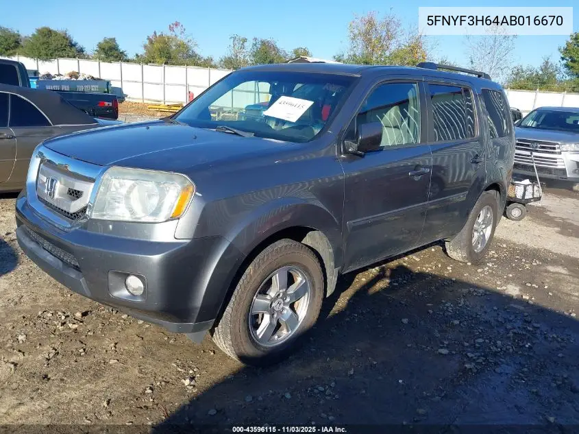 5FNYF3H64AB016670 2010 Honda Pilot Ex-L