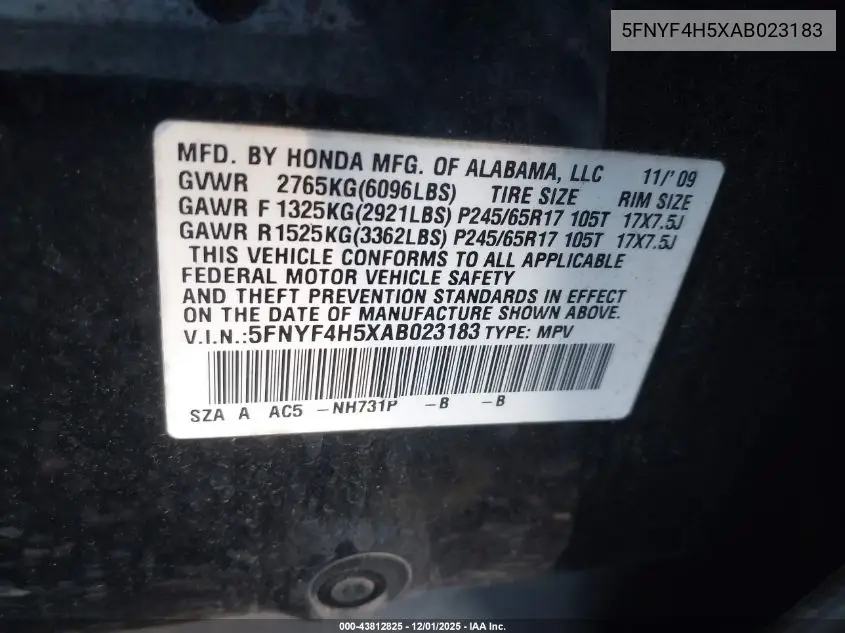 5FNYF4H5XAB023183 2010 Honda Pilot Ex-L