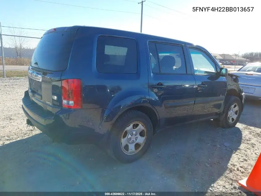 5FNYF4H22BB013657 2011 Honda Pilot Lx