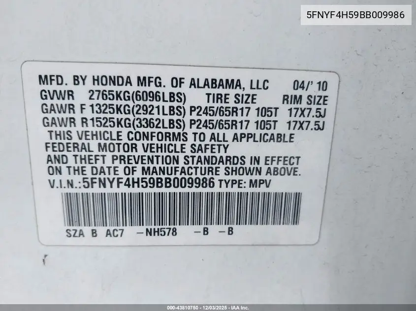 5FNYF4H59BB009986 2011 Honda Pilot Ex-L