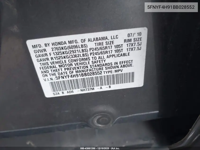 5FNYF4H91BB028552 2011 Honda Pilot Touring