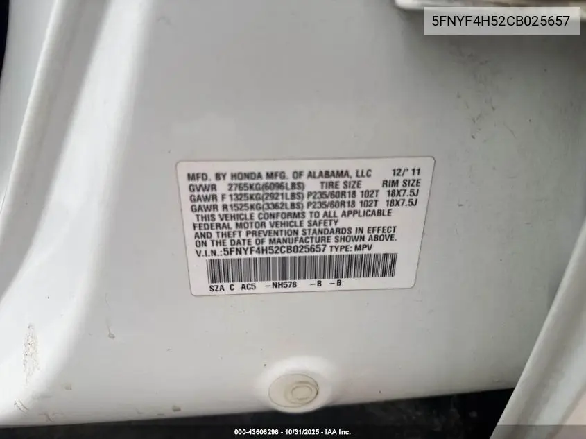 5FNYF4H52CB025657 2012 Honda Pilot Exl