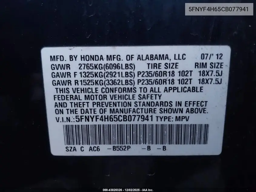 5FNYF4H65CB077941 2012 Honda Pilot Ex-L