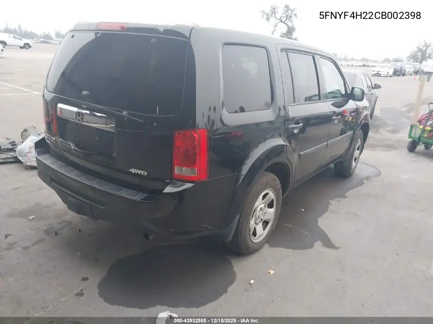 5FNYF4H22CB002398 2012 Honda Pilot Lx