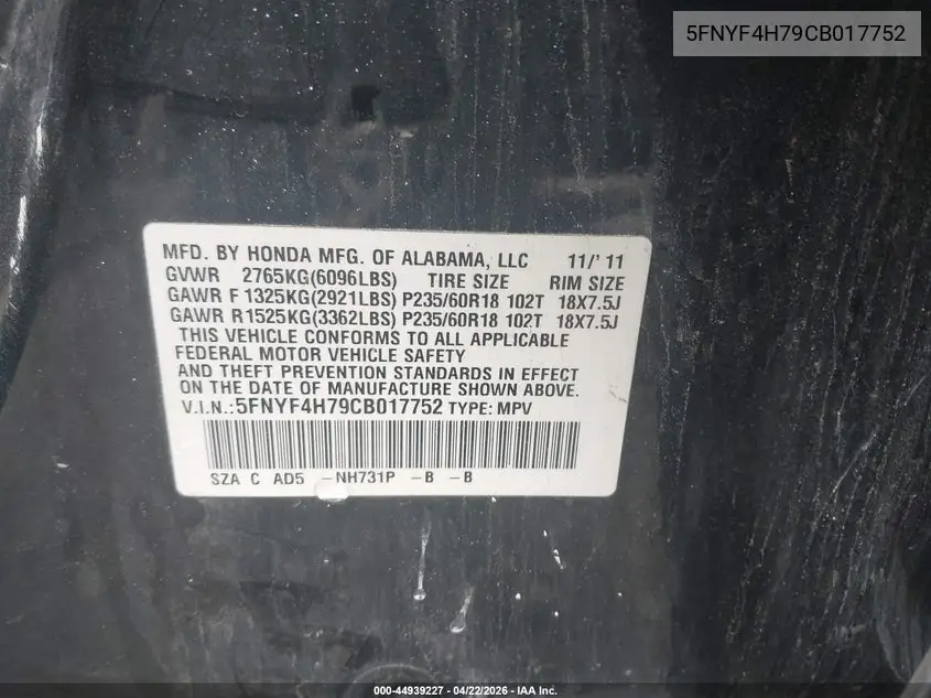 5FNYF4H79CB017752 2012 Honda Pilot Ex-L