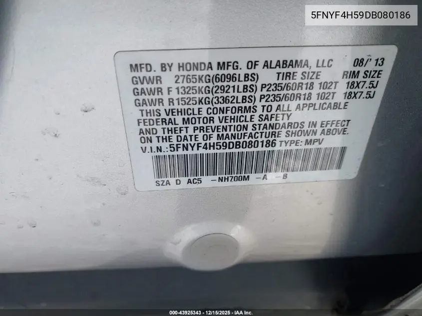 5FNYF4H59DB080186 2013 Honda Pilot Ex-L
