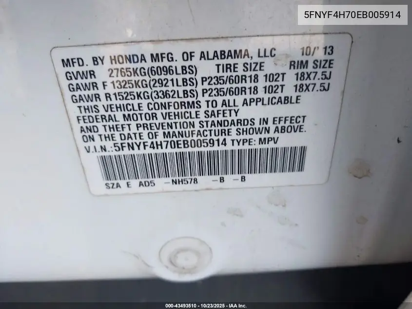 5FNYF4H70EB005914 2014 Honda Pilot Ex-L